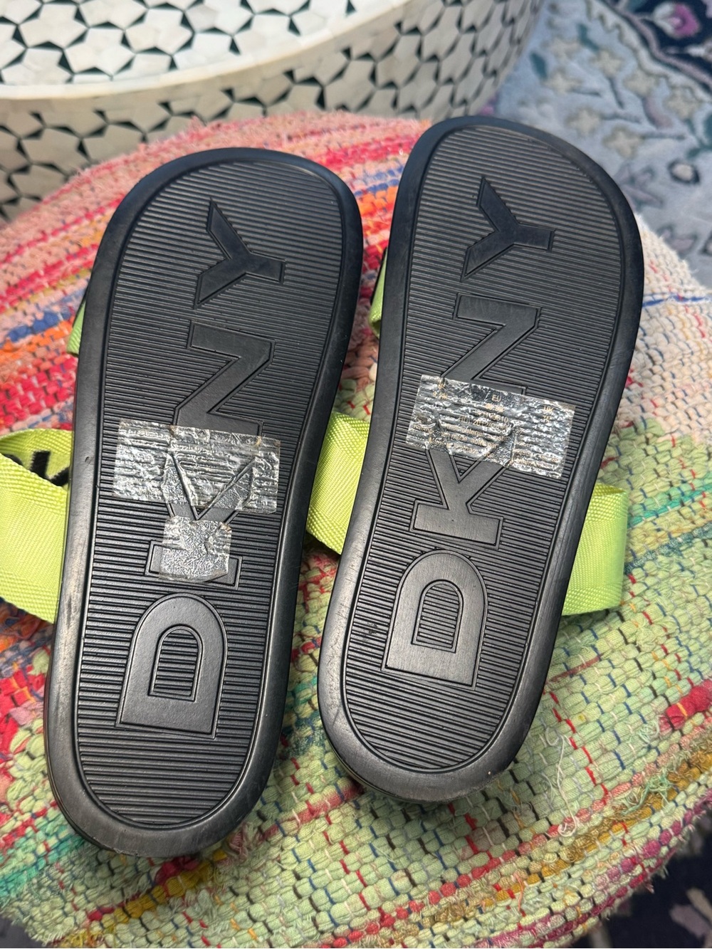 DKNY Black Slide Sandals with Neon Yellow Logo Straps Platform Logo Heeled - Picture 5 of 6